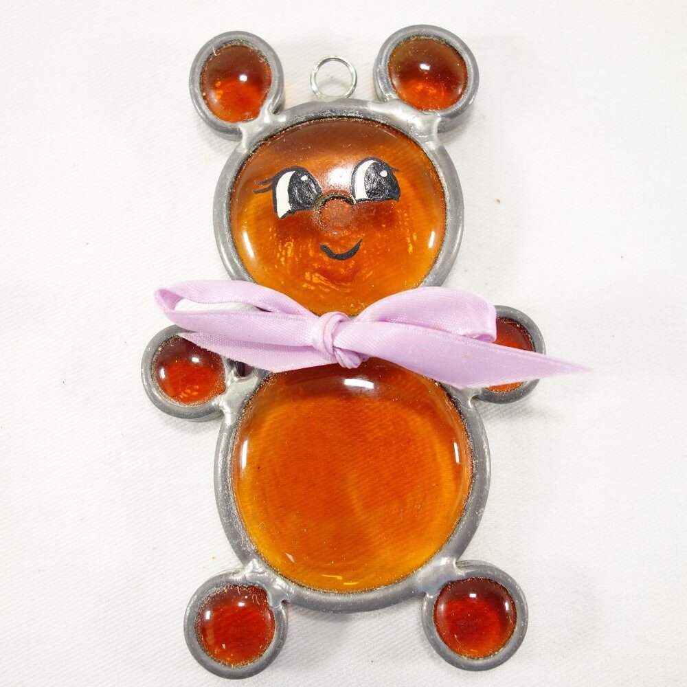 Vintage Leaded Glass‎ Teddy Bear Suncatcher or Christmas Tree Ornament 4.5"